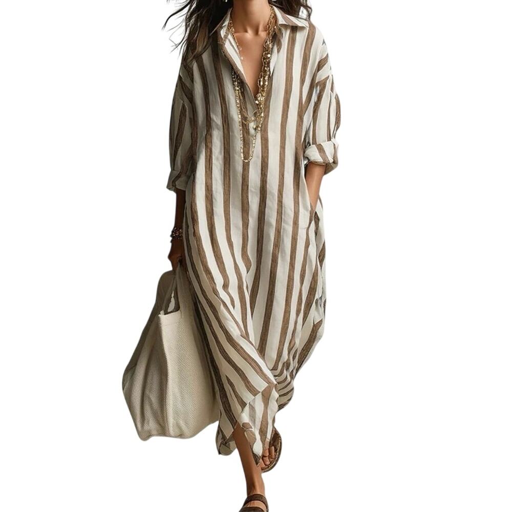 NWT Chouyatou Striped Shirt Dress Brown White Linen Blend Pockets Womens L